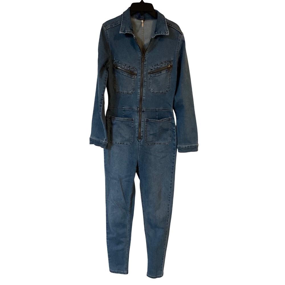 Free People Denim Utility Jumpsuit Medium Wash check pics